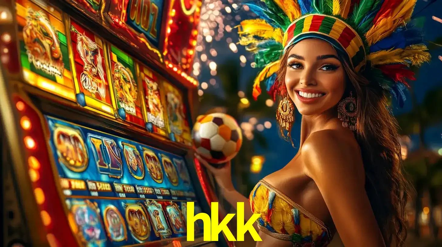 Mulher com um cocar de carnaval ao lado de uma máquina de caça-níqueis enquanto segura uma bola de futebol, mostrando a união da diversão de cassino e esportes no hkk.