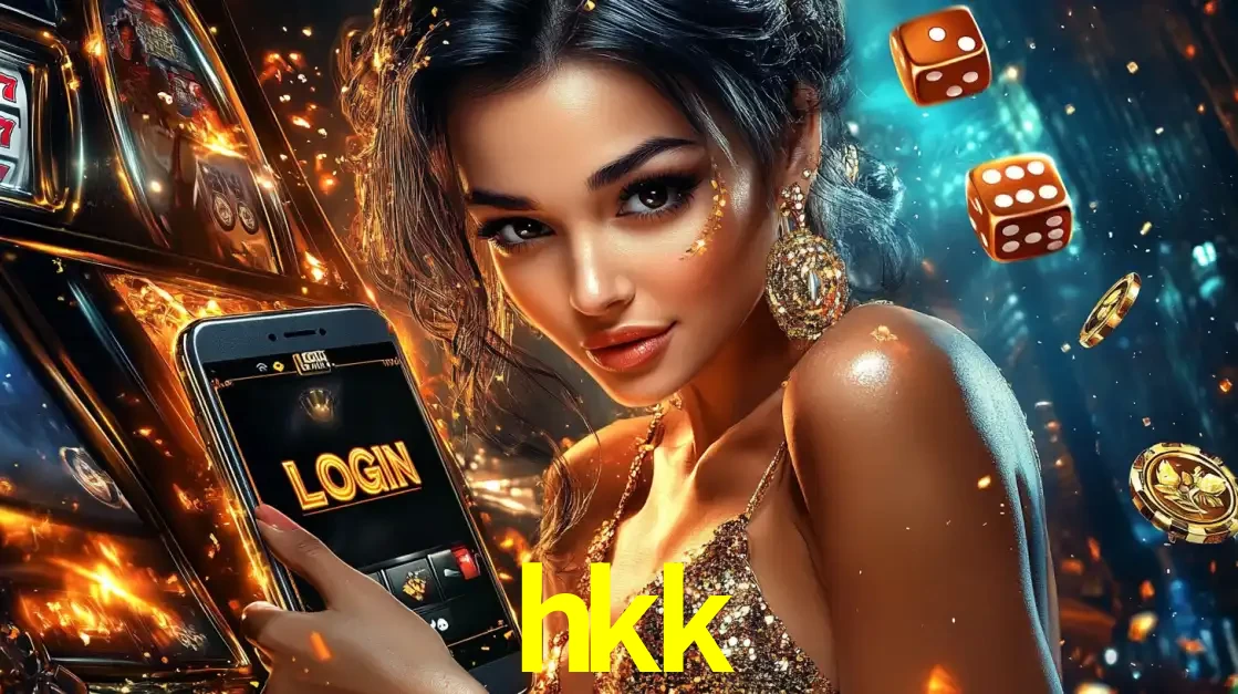 Mulher glamourosa segurando um celular com a tela de login do cassino hkk, rodeada por dados e moedas douradas, pronta para começar a diversão.