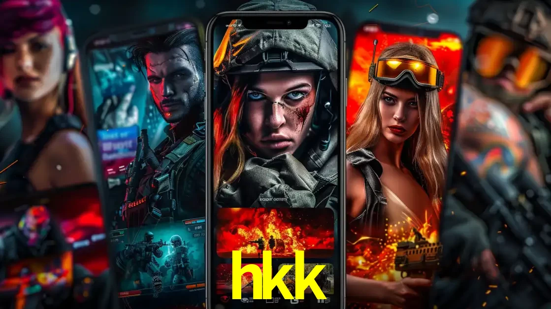 Montagem de telas de celular mostrando diversos personagens, masculinos e femininos, de um jogo de tiro, ilustrando a diversidade de equipes de e-sports para apostar no hkk.