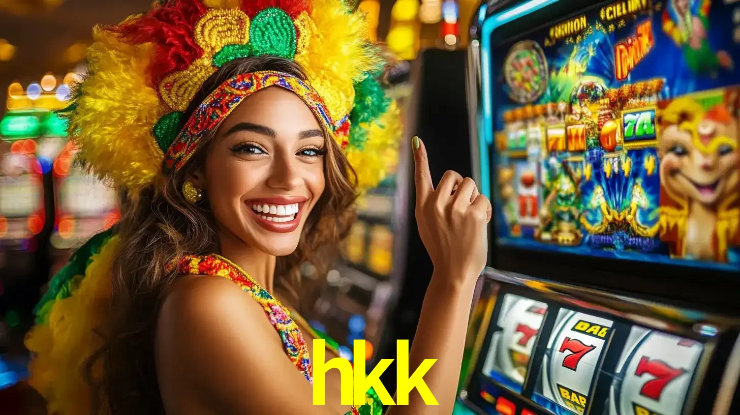 Mulher animada com um cocar de carnaval apontando para uma máquina de caça-níqueis, mostrando a emoção de ganhar um grande prêmio nos jogos do hkk.