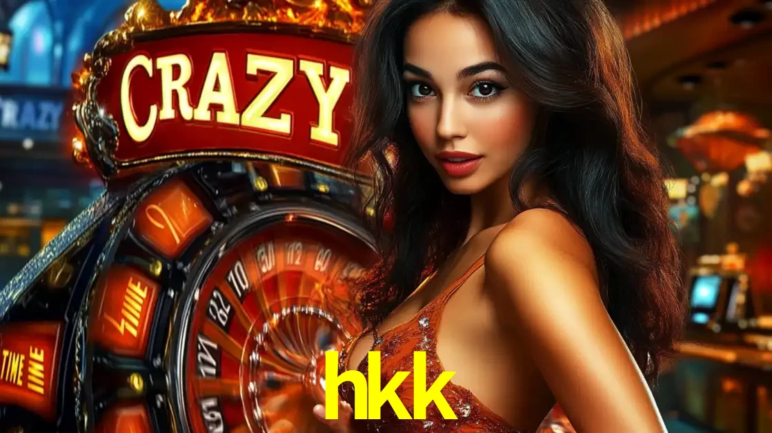 Mulher glamourosa olhando para a câmera com a roda vermelha do Crazy Time ao fundo em um ambiente de cassino, destacando a emoção dos jogos ao vivo no hkk.